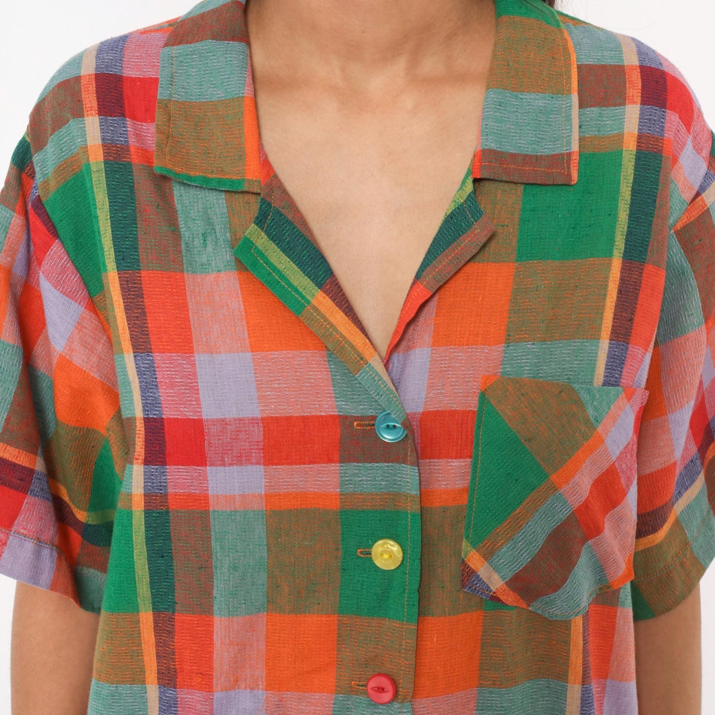 80s Rainbow Plaid Camp Shirt Cotton Button Front Blouse Large L