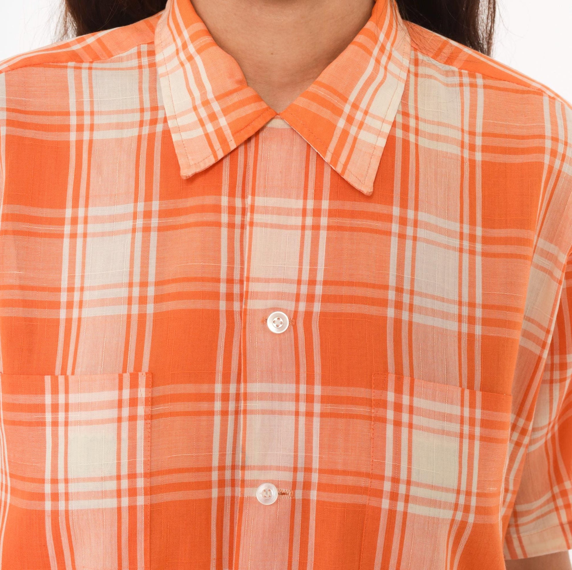 70s Manhattan Docoma Orange Plaid Button-Up Shirt Cream Check Short Sleeve Medium