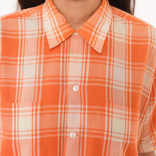 70s Manhattan Docoma Orange Plaid Button-Up Shirt Cream Check Short Sleeve Medium