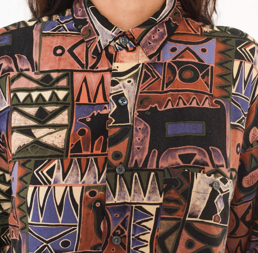 90s Chiamare Abstract Crop Top Shirt Button Front Collared Blouse Brown Purple Geometric Large L