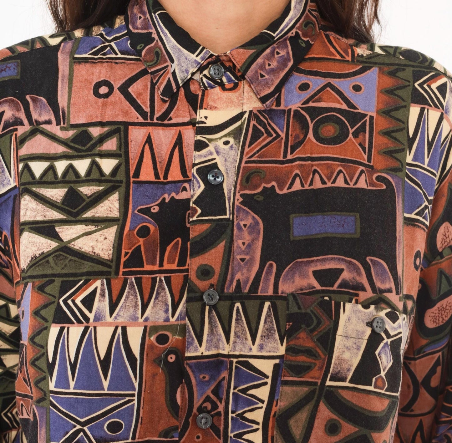 90s Chiamare Abstract Crop Top Shirt Button Front Collared Blouse Brown Purple Geometric Large L