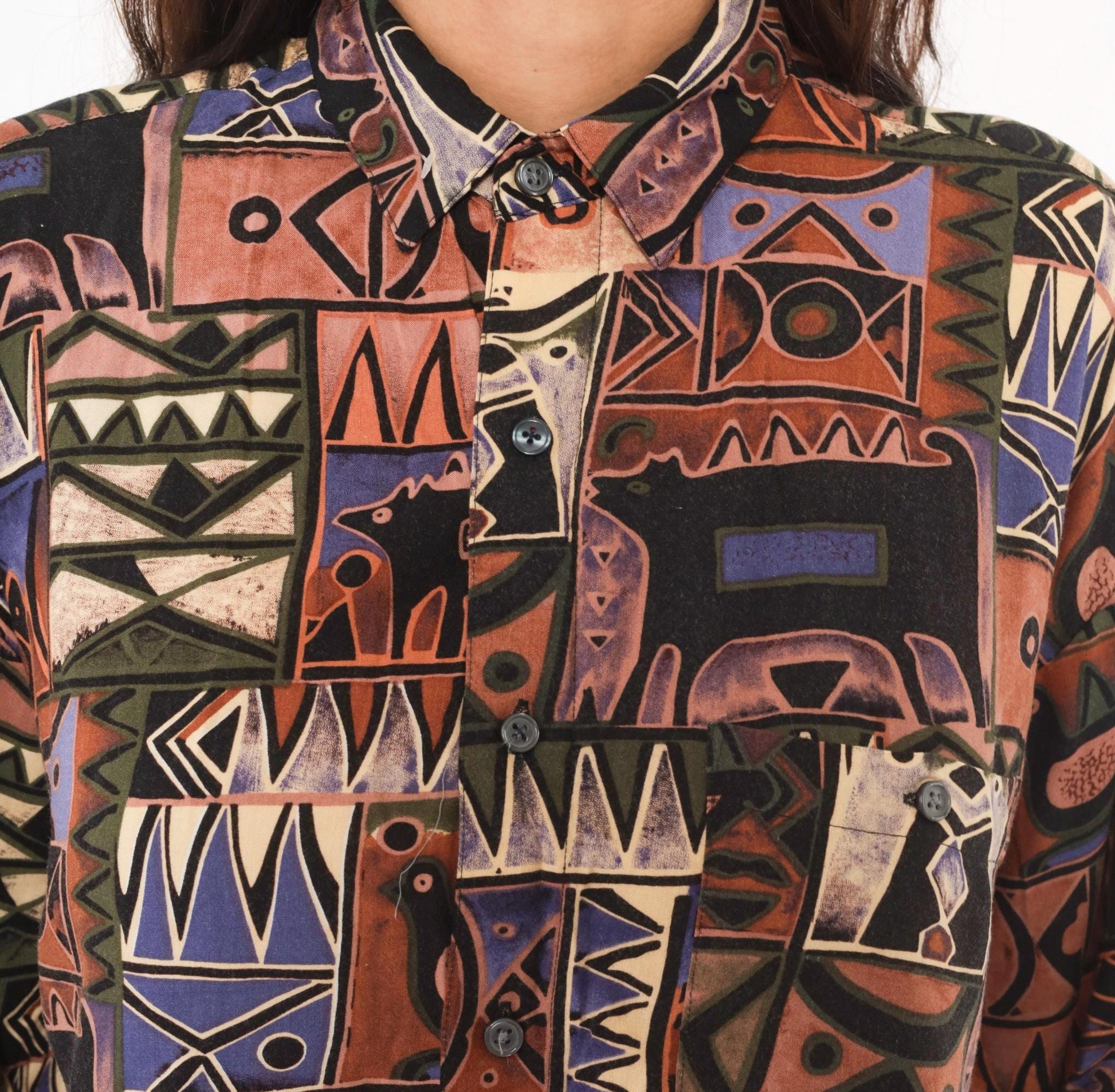 90s Chiamare Abstract Crop Top Shirt Button Front Collared Blouse Brown Purple Geometric Large L