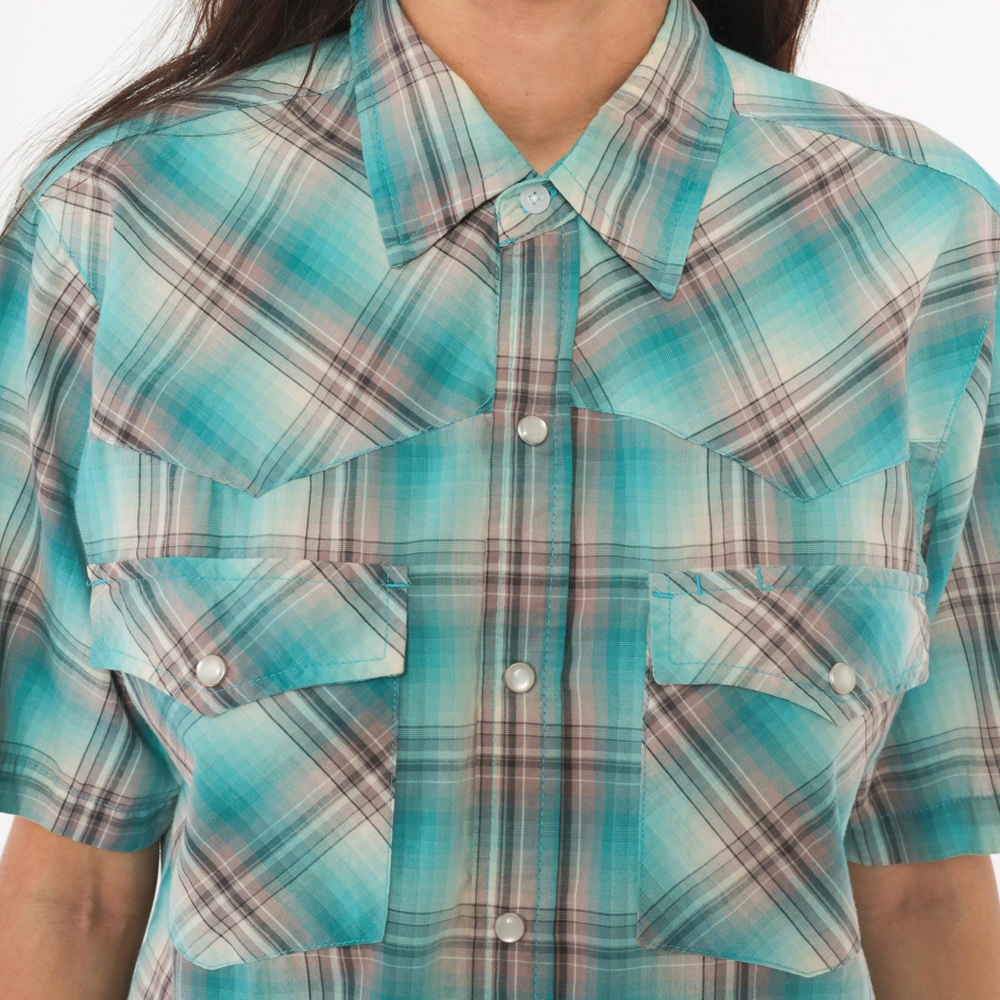 Y2K Rustic Ridge Western Plaid Snap Shirt Teal Grey Medium M