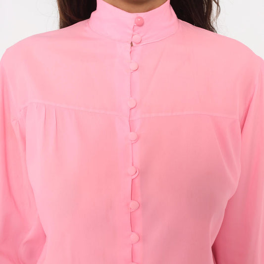 70s Alice Stuart Bubblegum Pink Disco Blouse Mandarin Collar Long Sleeve Small