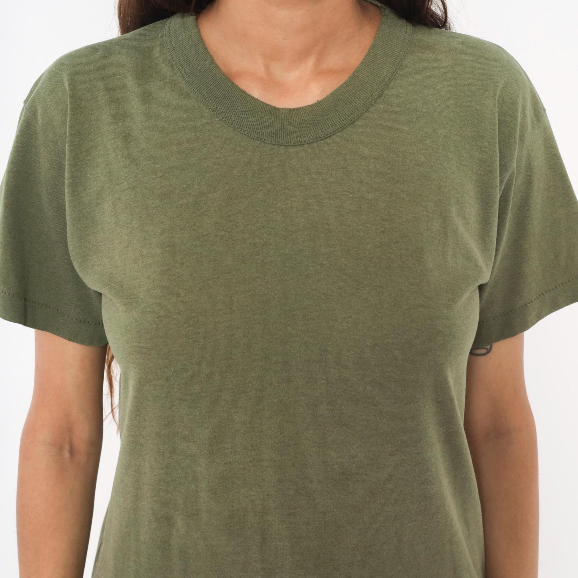80s Olive Green Cotton Crew Neck Tee Blank Plain Unisex Medium