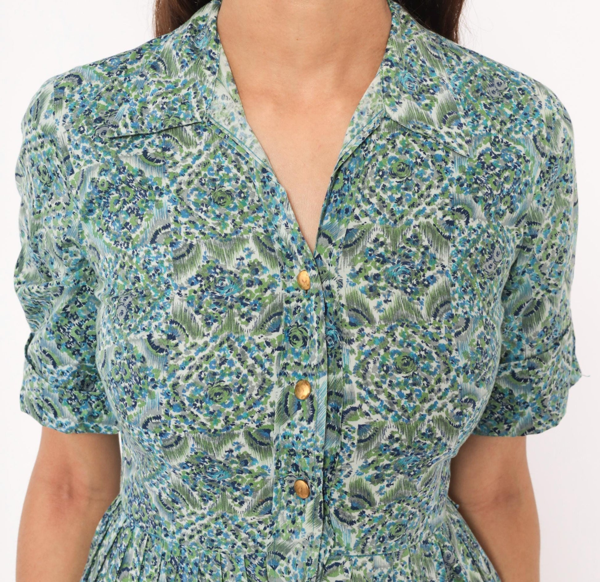 60s Penneys Brentwood Paisley Floral Shirtdress Blue Green Cotton Knee XS