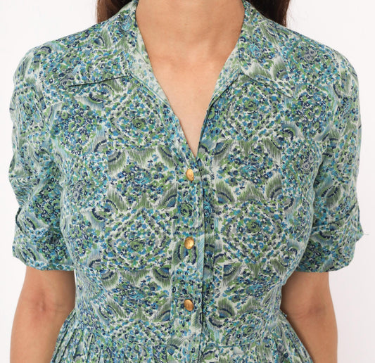 60s Penneys Brentwood Paisley Floral Shirtdress Blue Green Cotton Knee XS