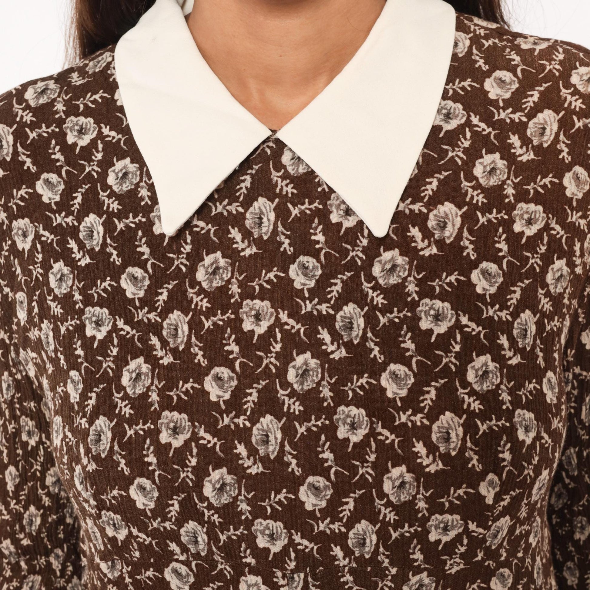 90s Karin Stevens Floral Dress Brown Cream Pointed Collar Knee-Length Large L