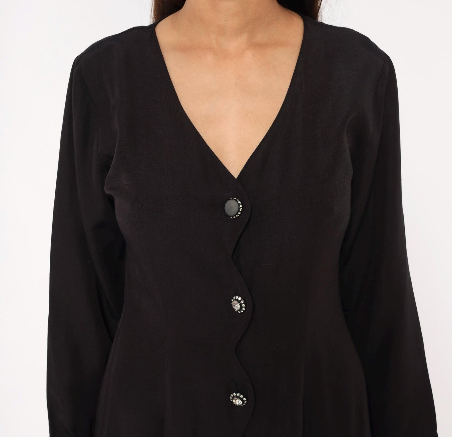 90s La Belle Black Mini Dress V-Neck Rhinestone Buttons Long Sleeve Medium M