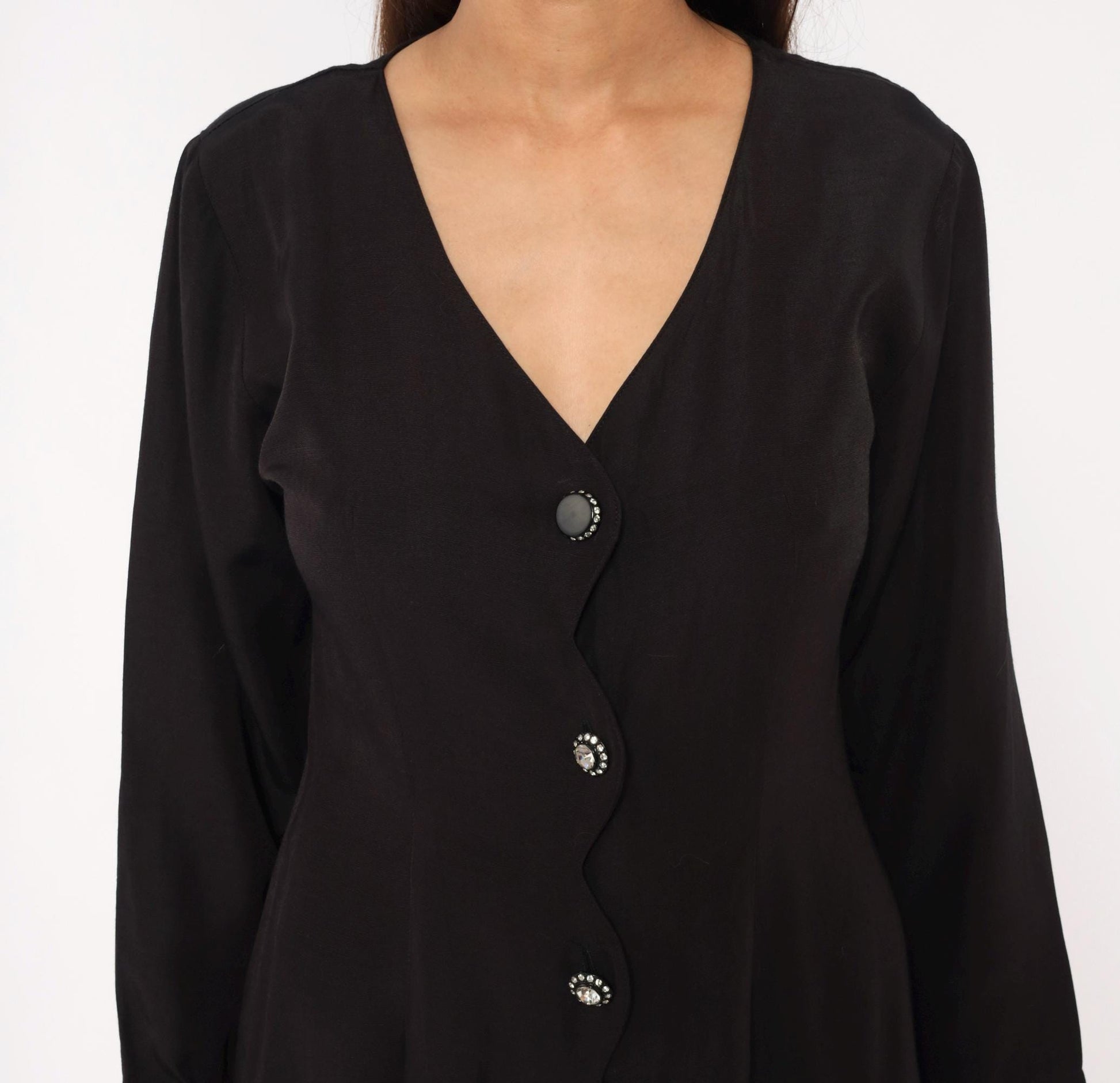 90s La Belle Black Mini Dress V-Neck Rhinestone Buttons Long Sleeve Medium M
