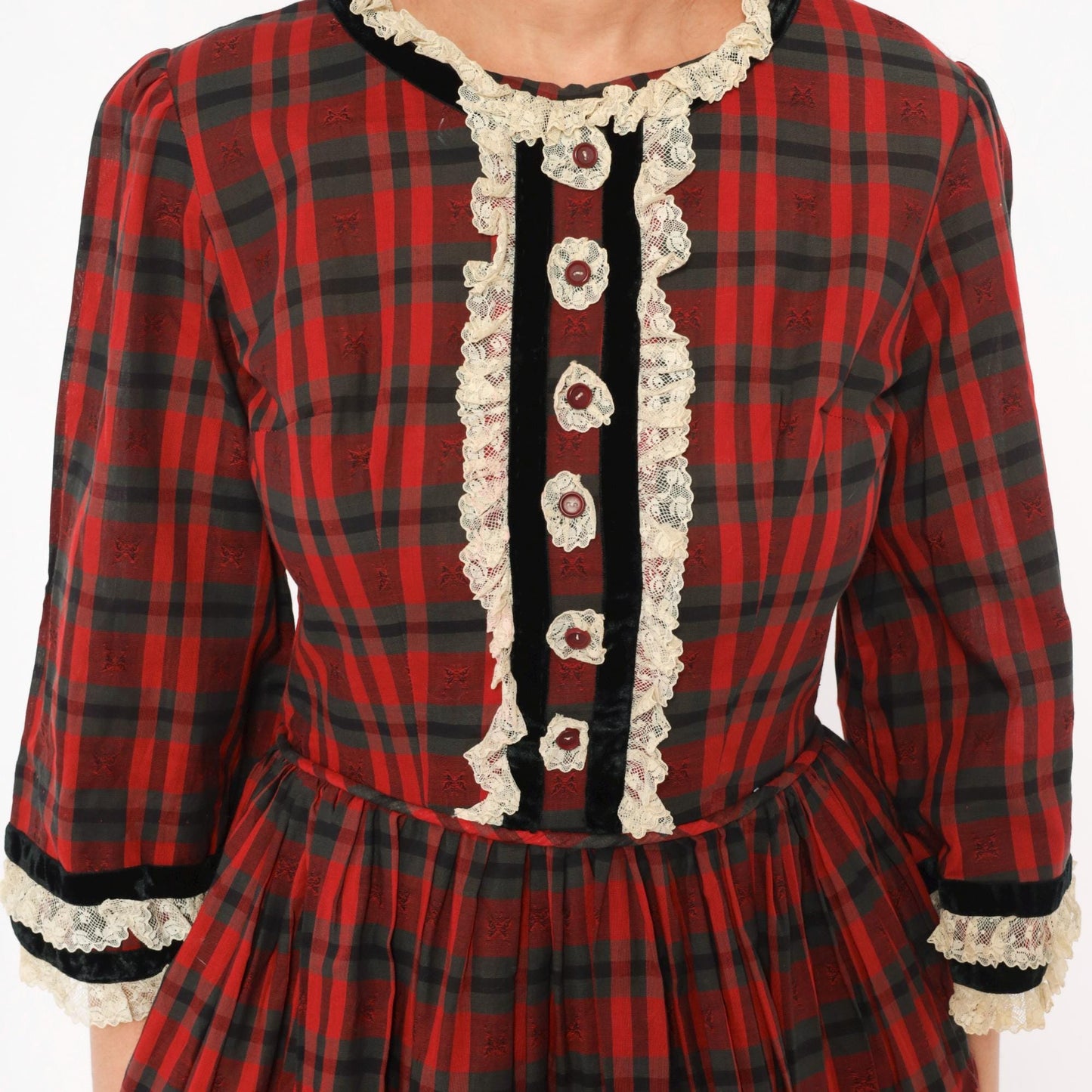 1960s Red Black Plaid Mini Dress Puff Sleeve Lace Trim Cotton Small S
