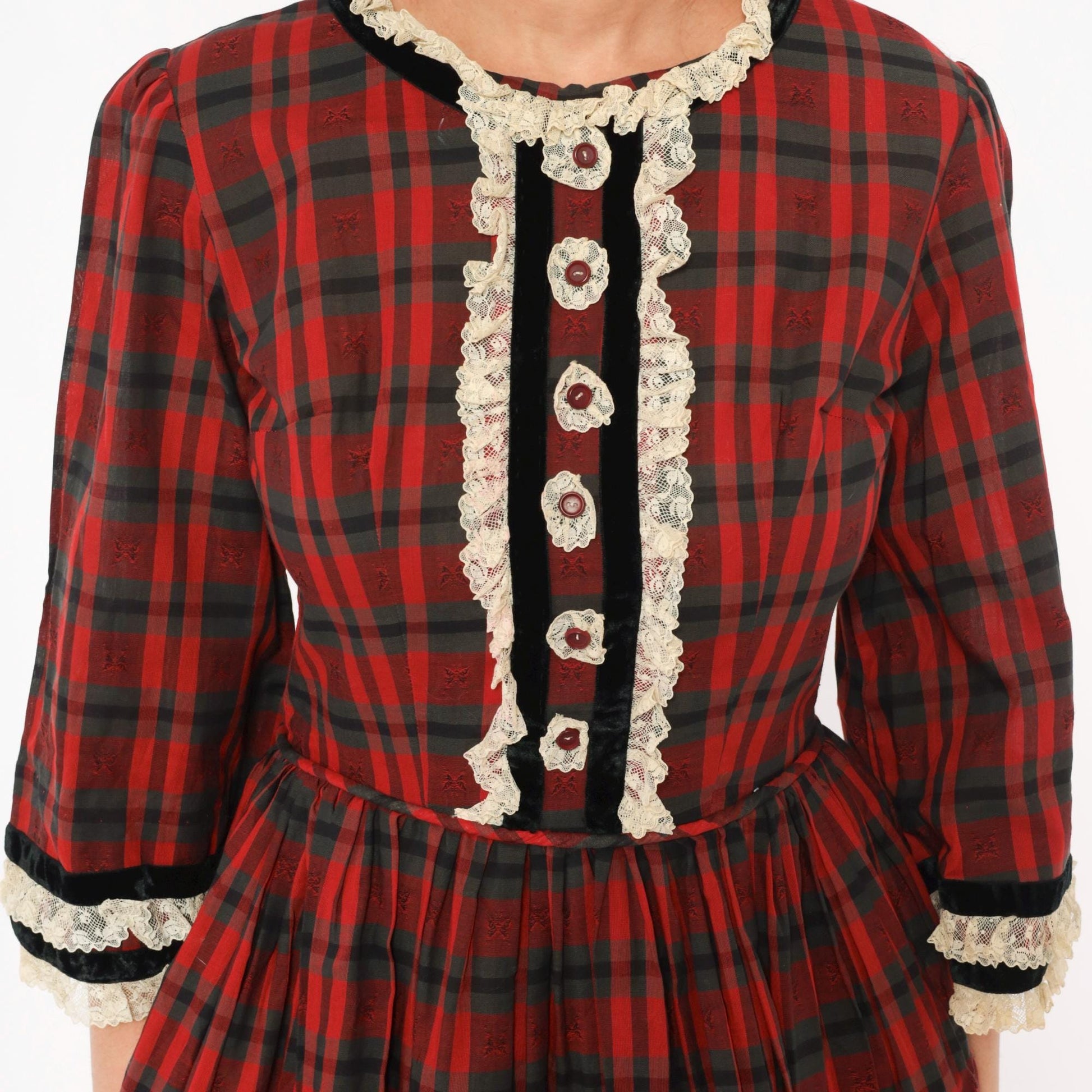 1960s Red Black Plaid Mini Dress Puff Sleeve Lace Trim Cotton Small S