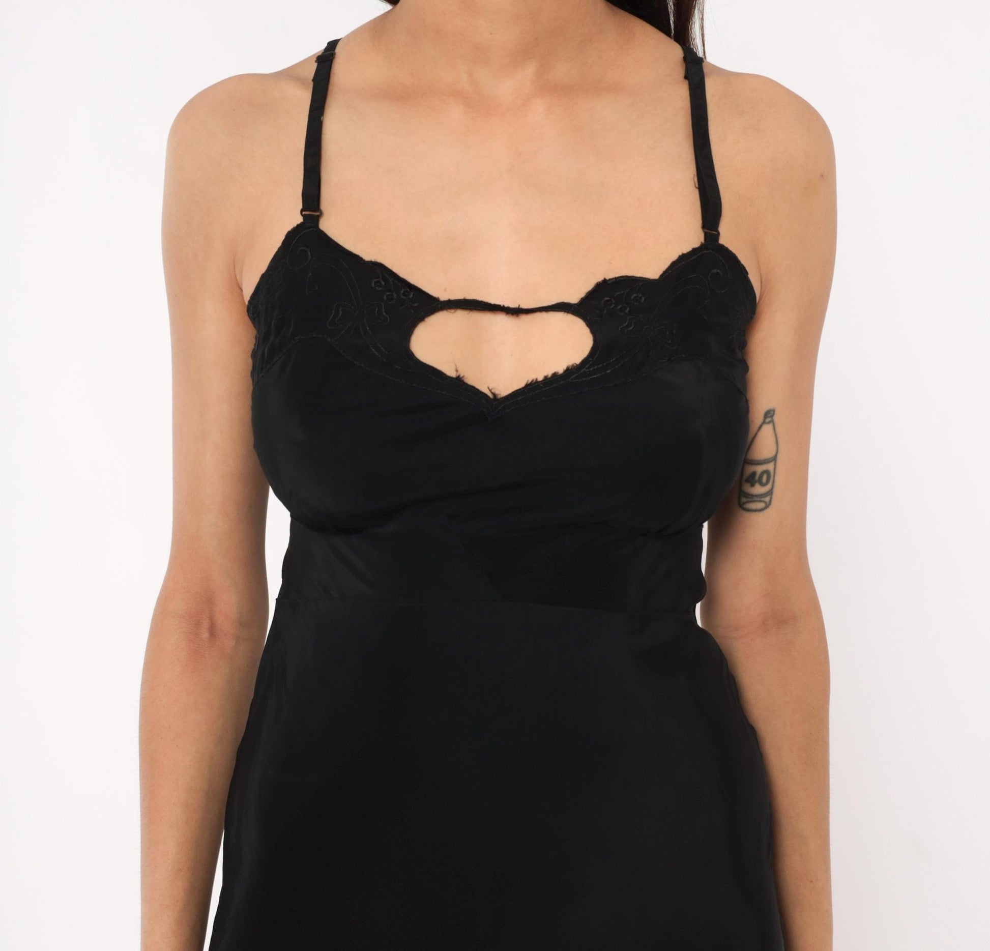 70s Black Silk Slip Dress Heart Cutout Lace Trim Spaghetti Strap Extra Small