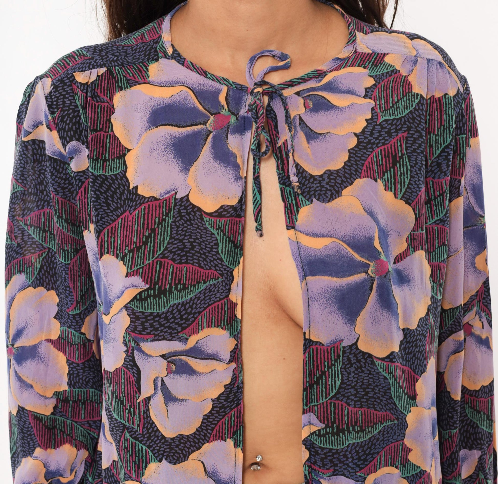 80s In Gear Ltd Tropical Hibiscus Tie-Neck Blouse Purple Lavender Teal Medium