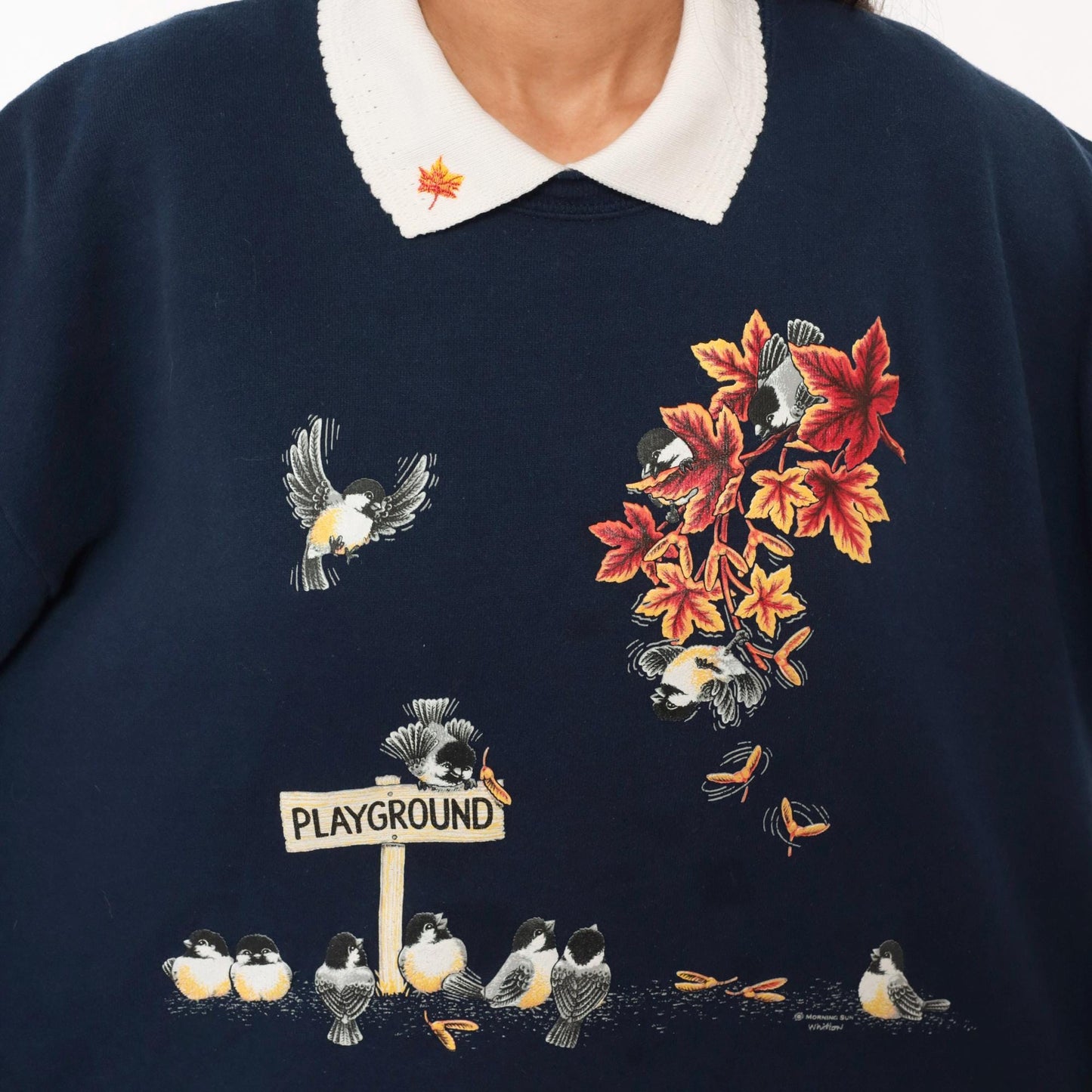 90s Morning Sun Chickadee Sweatshirt Navy Blue Autumn Leaves Collared Graphic Extra Large