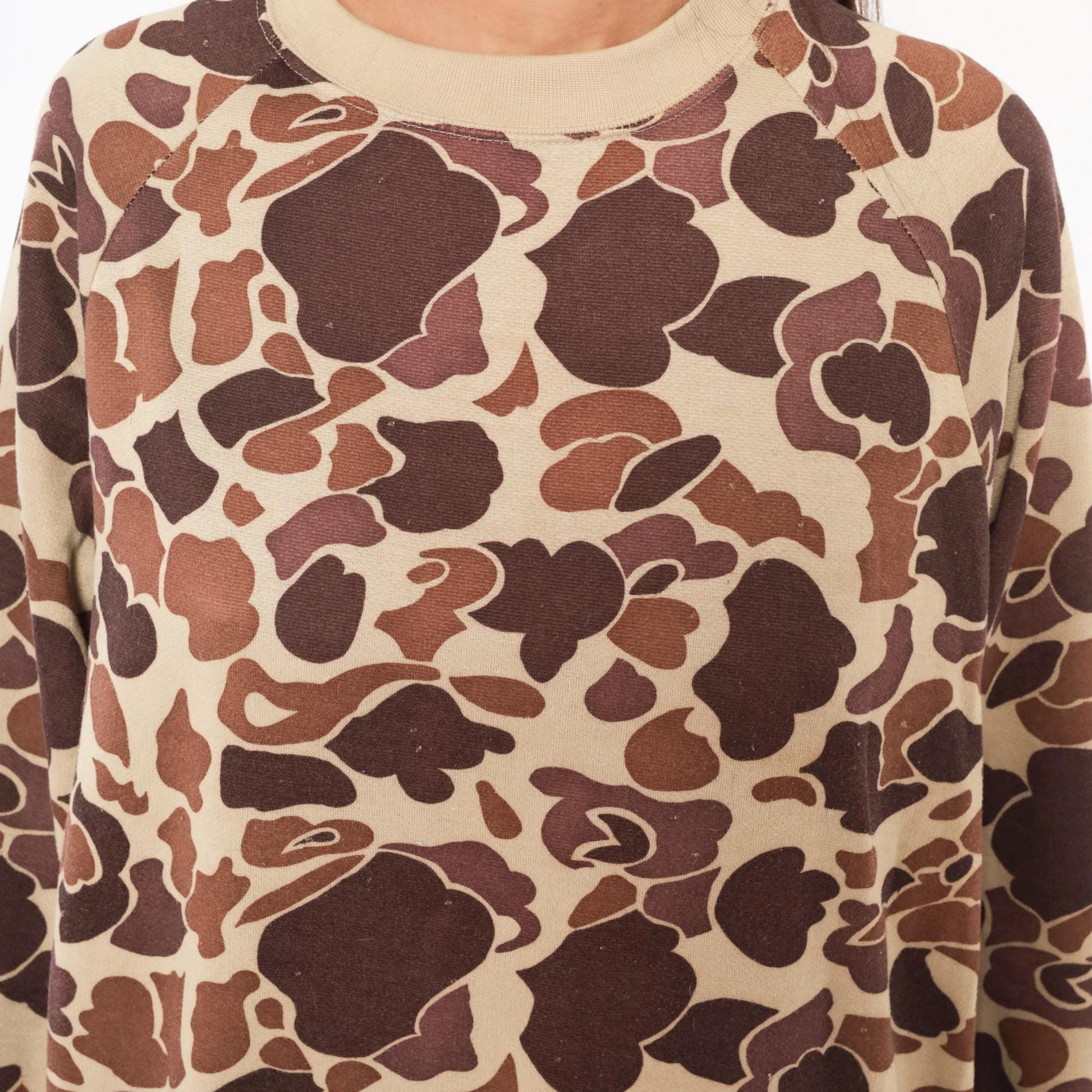 80s Duck Bay Camo Crewneck Sweatshirt Tan Brown Raglan Extra Large XL