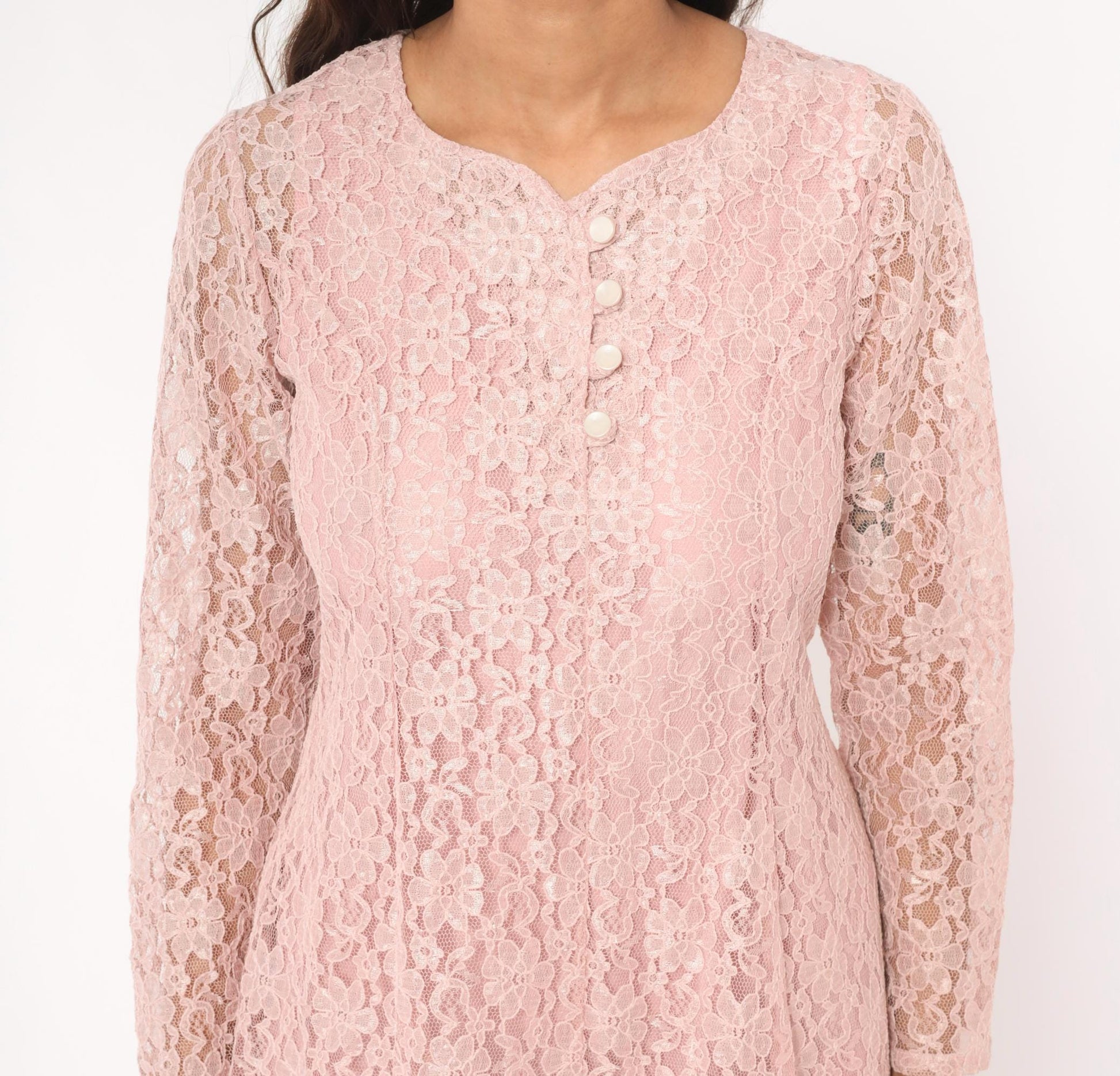 90s Allison Ann Blush Floral Lace Dress Button Front Corset Back Large L