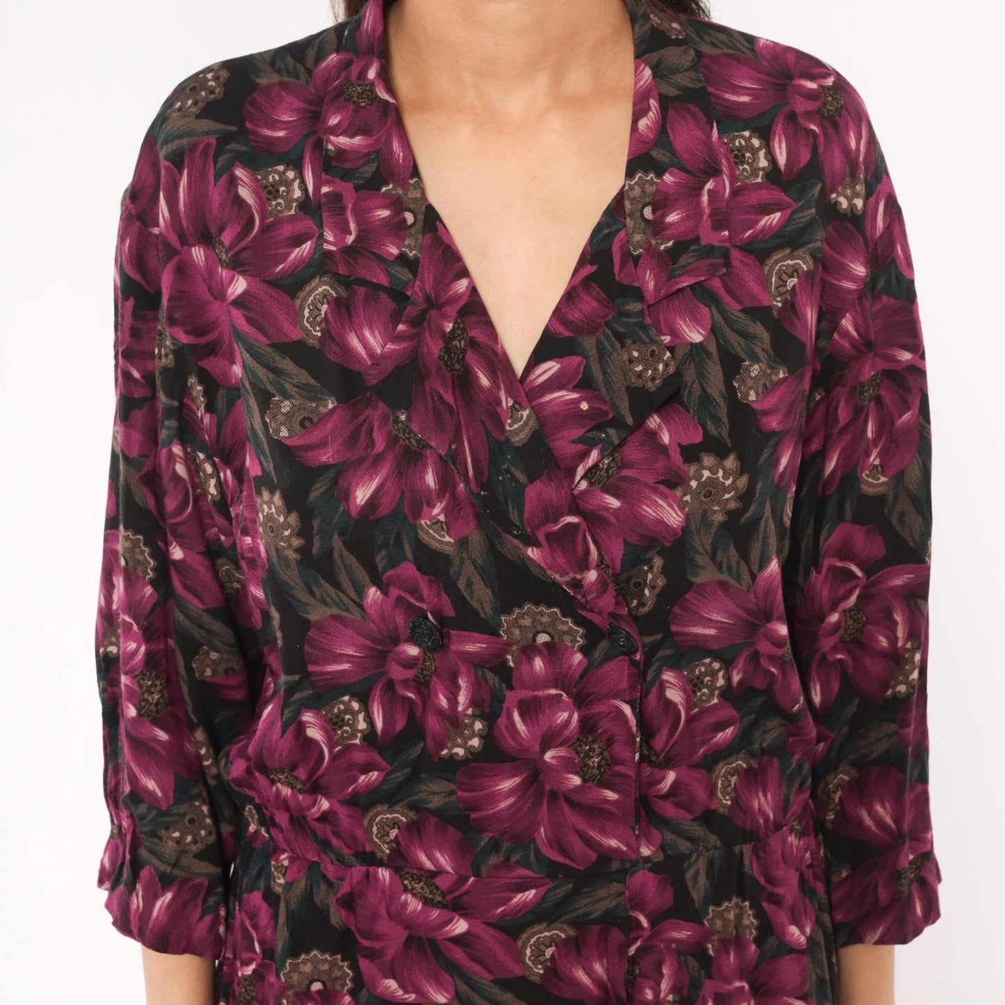 90s Plum Floral Wrap Dress V-Neck Button Front Knee-Length Large