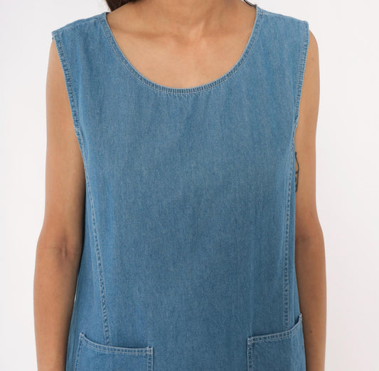 90s Denim Jazz Jumper Dress Sleeveless Scoop Neck Blue Shift Large L