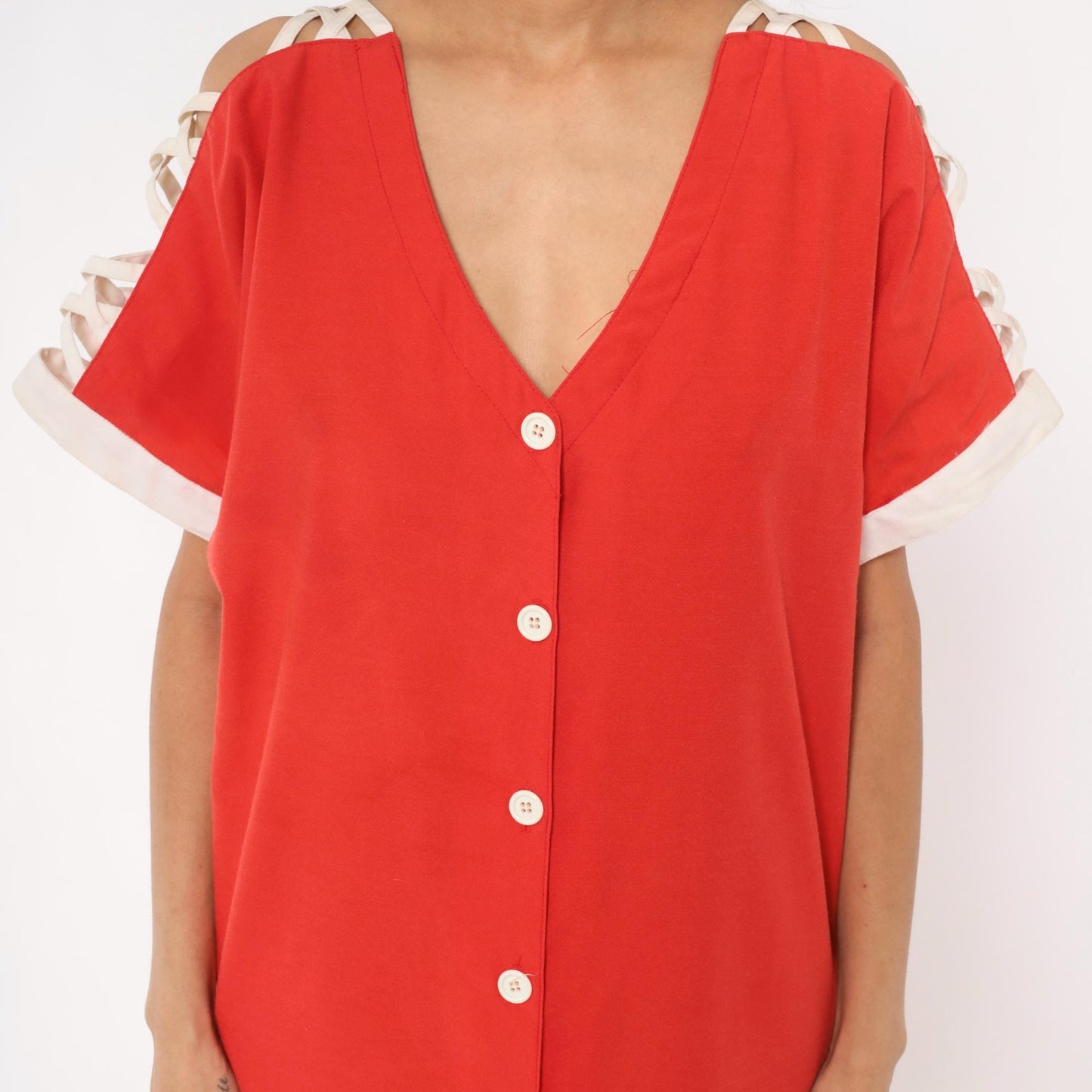 80s Act I Red Cotton Dress V-Neck Criss-Cross Cold Shoulder Large L