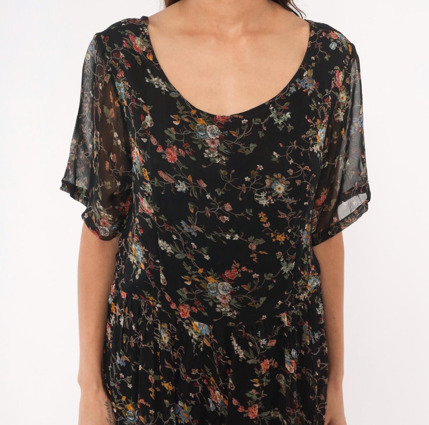 90s Bila Black Floral Maxi Dress Tiered Patchwork Short Sleeve Large L