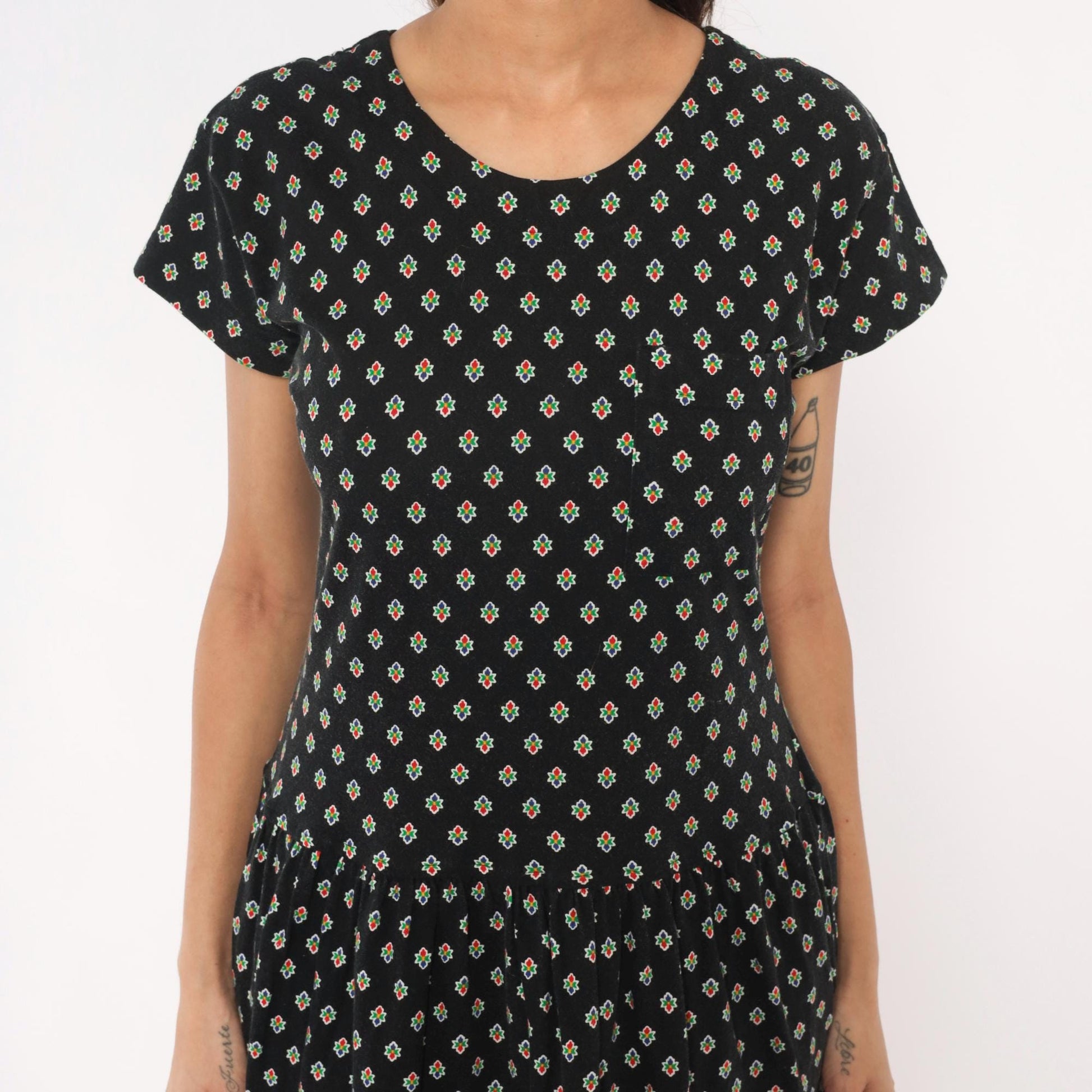 90s LizSport Foulard Print Midi Dress Black Cotton Short Sleeve Medium M