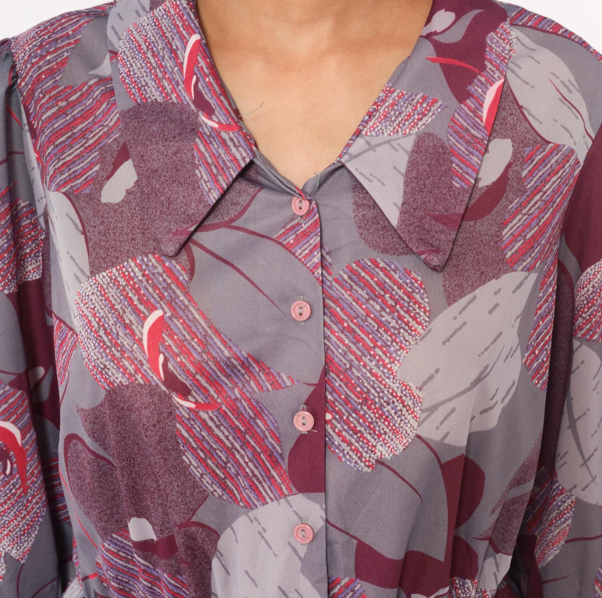 70s Abstract Leaf Floral Button Front Dress Grey Burgundy Knee-Length Medium M