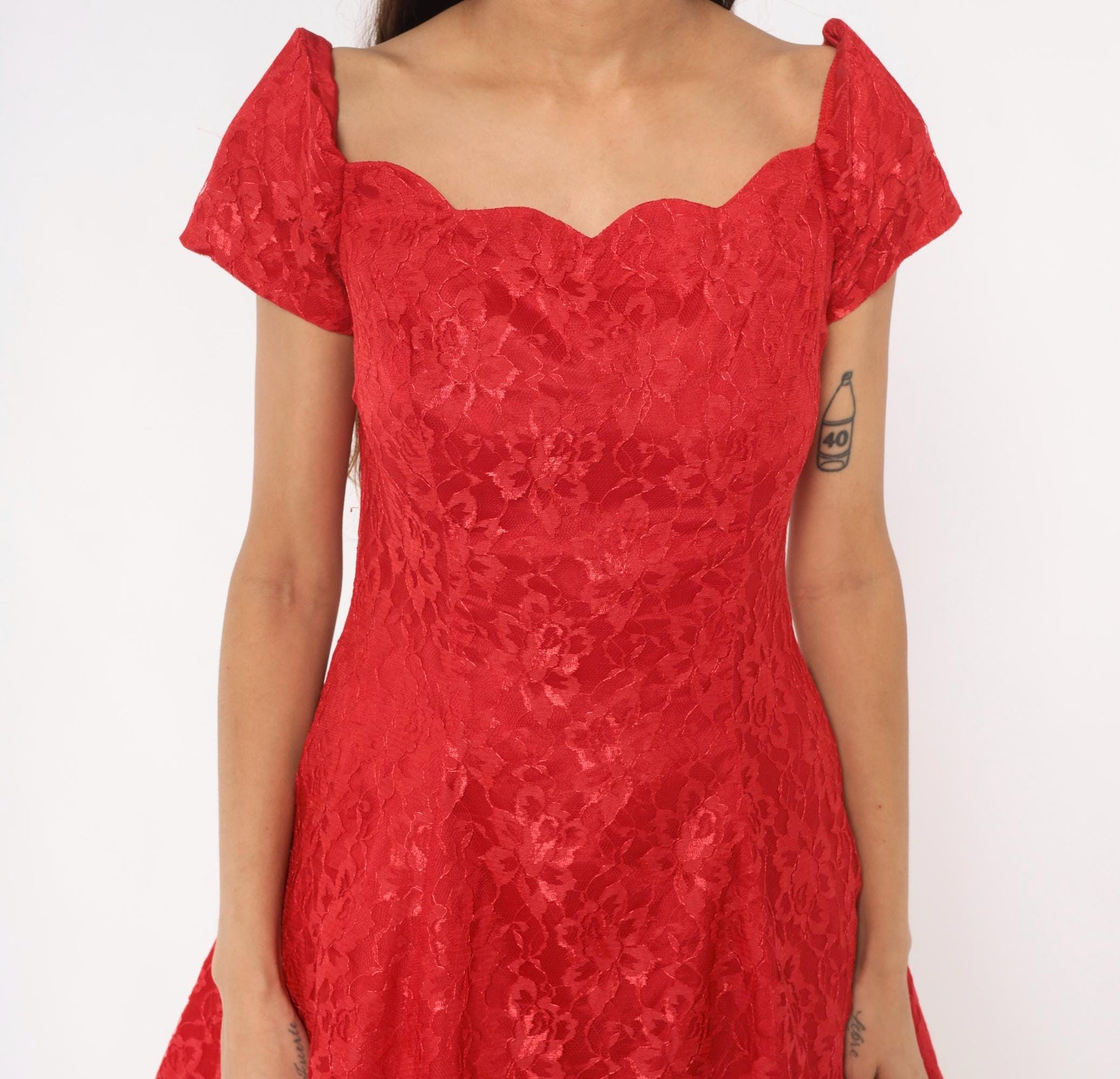 90s Roberta Red Lace Fit-and-Flare Dress Sweetheart Neckline Knee Medium M