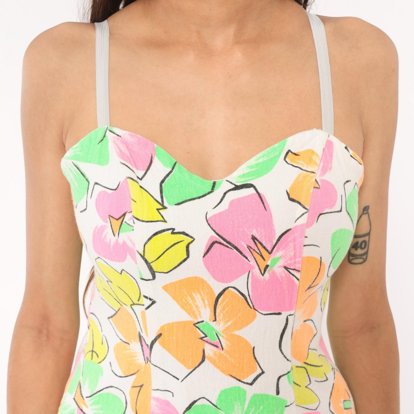 90s Neon Floral Cotton Mini Dress Sweetheart Bustier Pink Orange Small