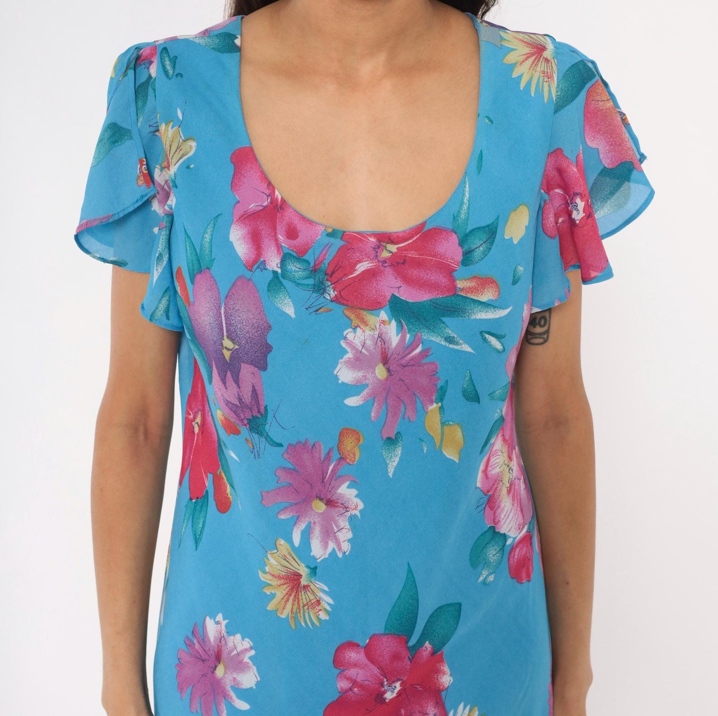 90s Southern Expressions Floral Midi Dress Sky Blue Flutter Sleeve Extra Large