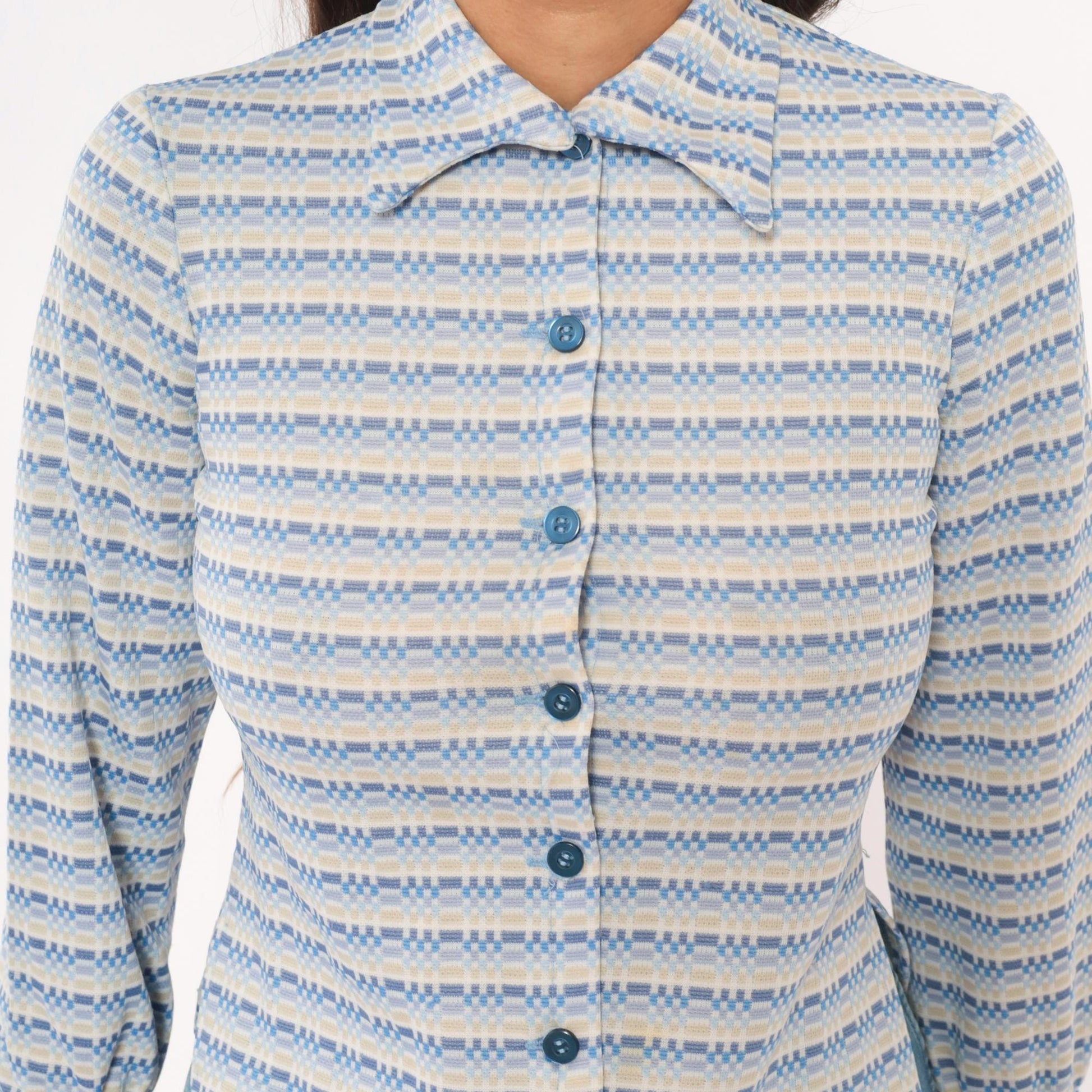 70s Geometric Stripe Button Blouse Blue Tan Pointed Collar Three Quarter Sleeve Extra Small