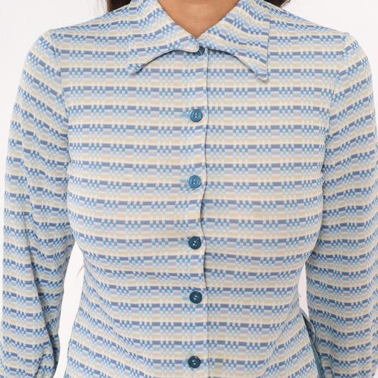 70s Geometric Stripe Button Blouse Blue Tan Pointed Collar Three Quarter Sleeve Extra Small
