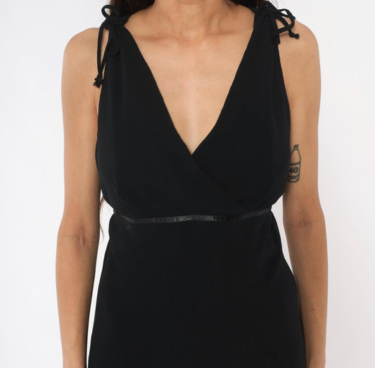 90s Michael Taylor Black Chiffon Wrap Dress Tie Shoulder V Neck Large L