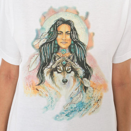 90s Wolf Moon Feather Graphic Tee Fruit Of The Loom White Medium