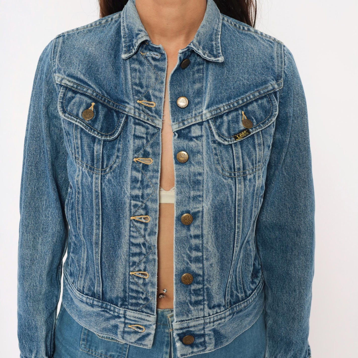 80s Ms Lee Denim Jacket Blue Cropped Trucker Pointed Collar Extra Small XS