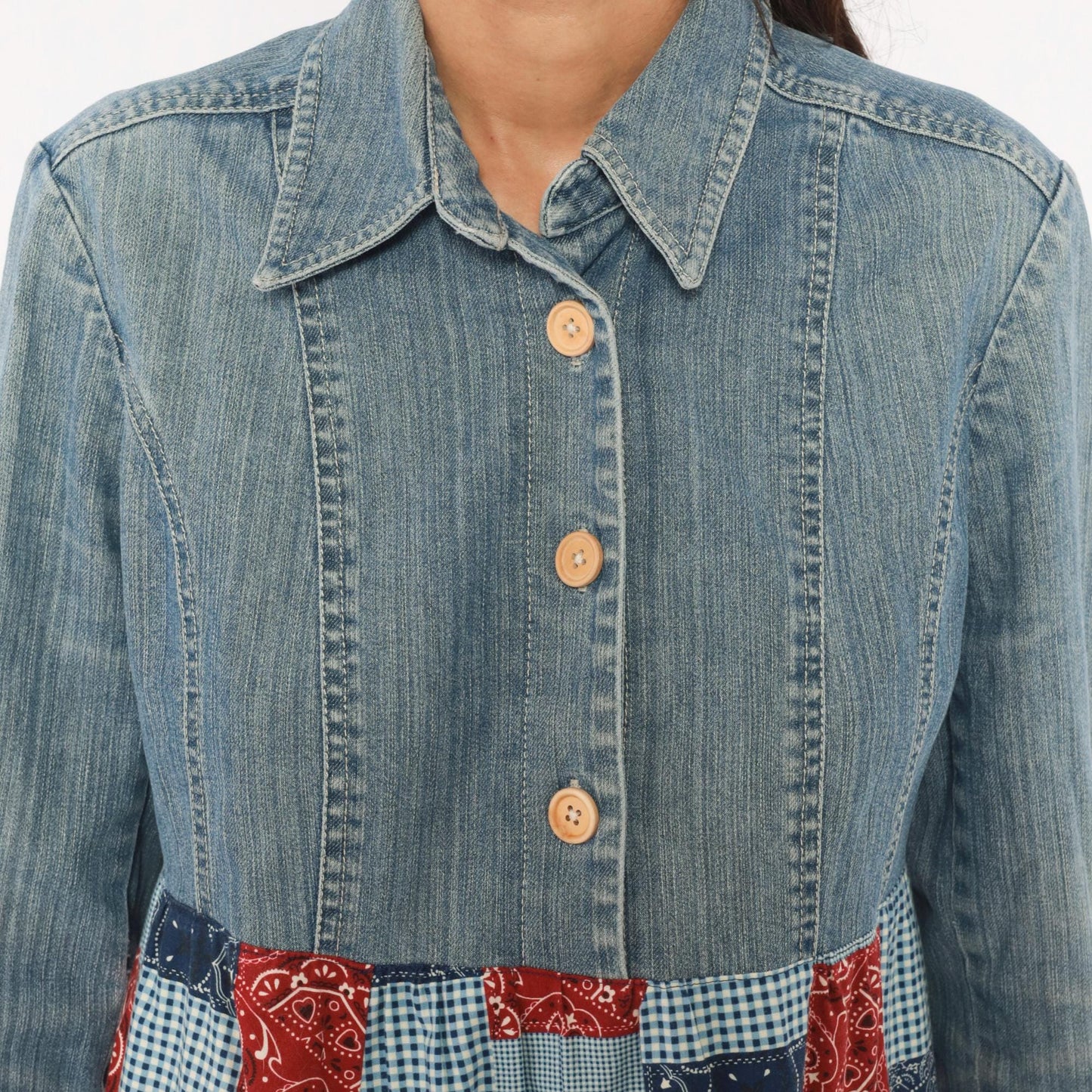 00s Valerie Stevens Patchwork Denim Maxi Dress Bandana Gingham Red Navy Medium