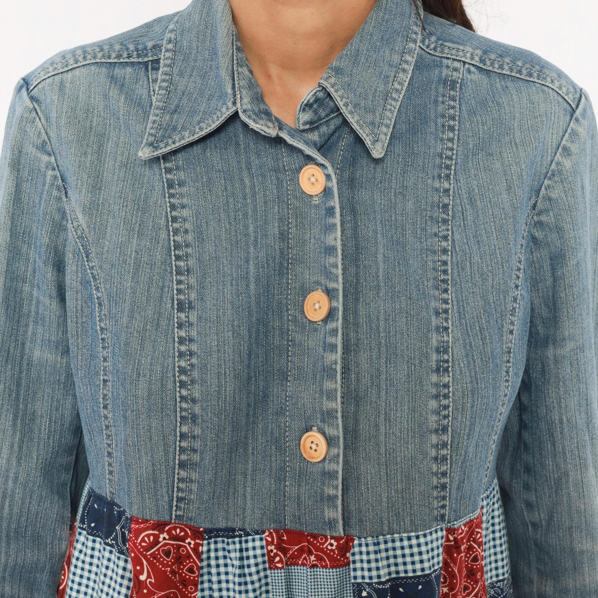 00s Valerie Stevens Patchwork Denim Maxi Dress Bandana Gingham Red Navy Medium
