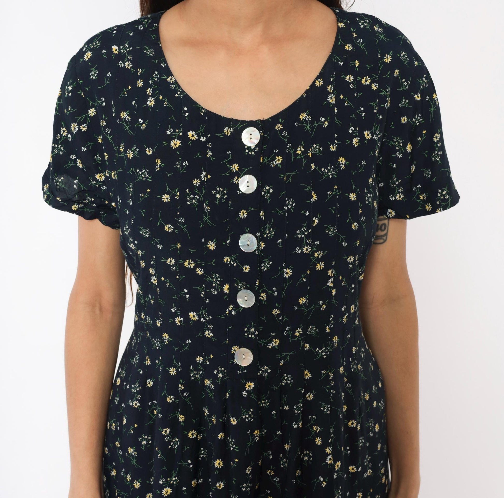 90s Liz Baker Essentials Navy Floral Maxi Dress Yellow Daisy Button Front Medium