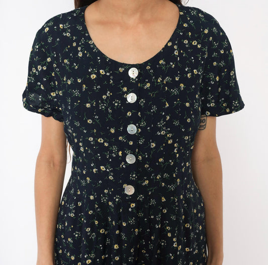90s Liz Baker Essentials Navy Floral Maxi Dress Yellow Daisy Button Front Medium