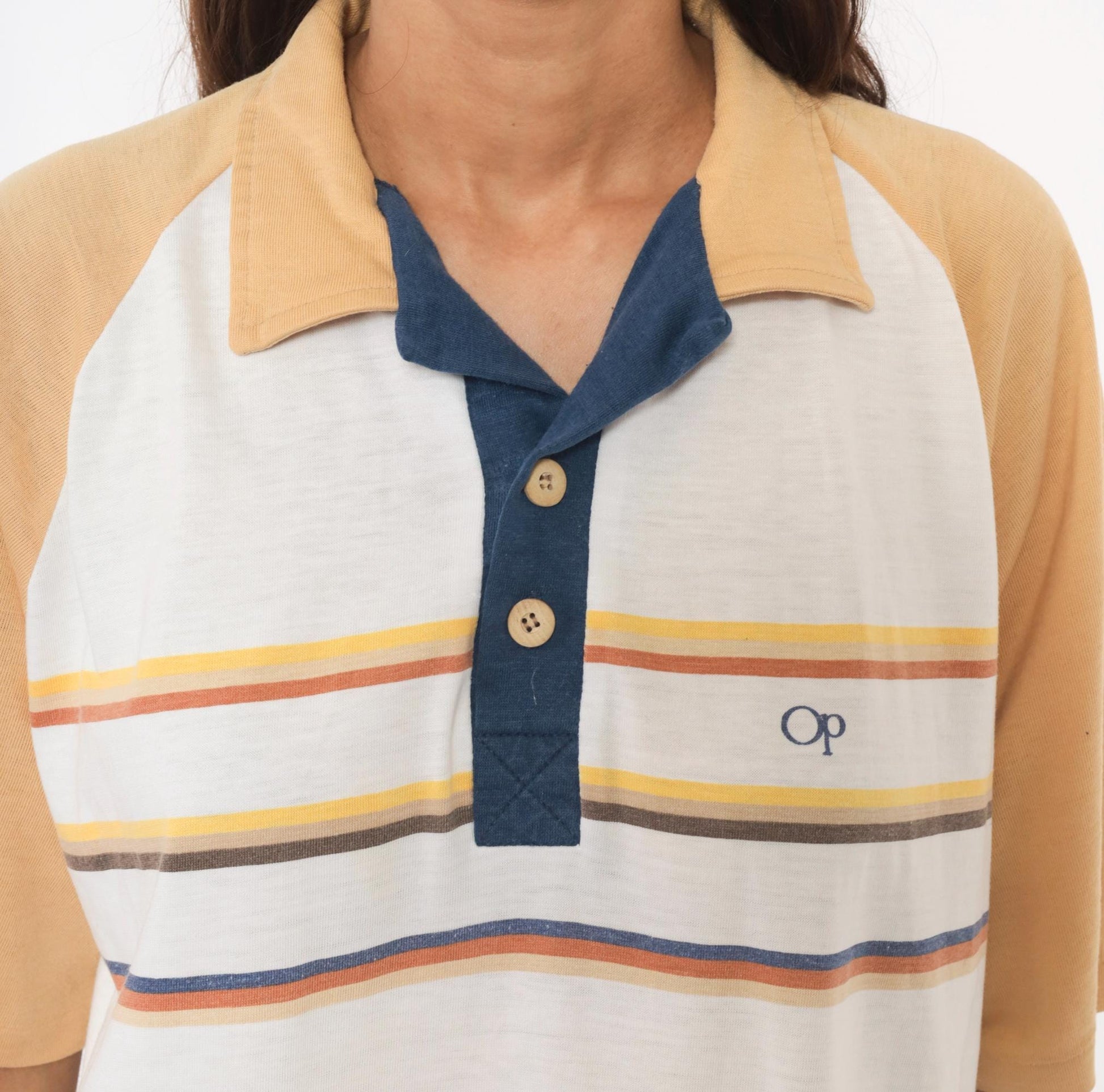80s Ocean Pacific Polo Striped Raglan White Navy Cotton Shirt Extra Large XL