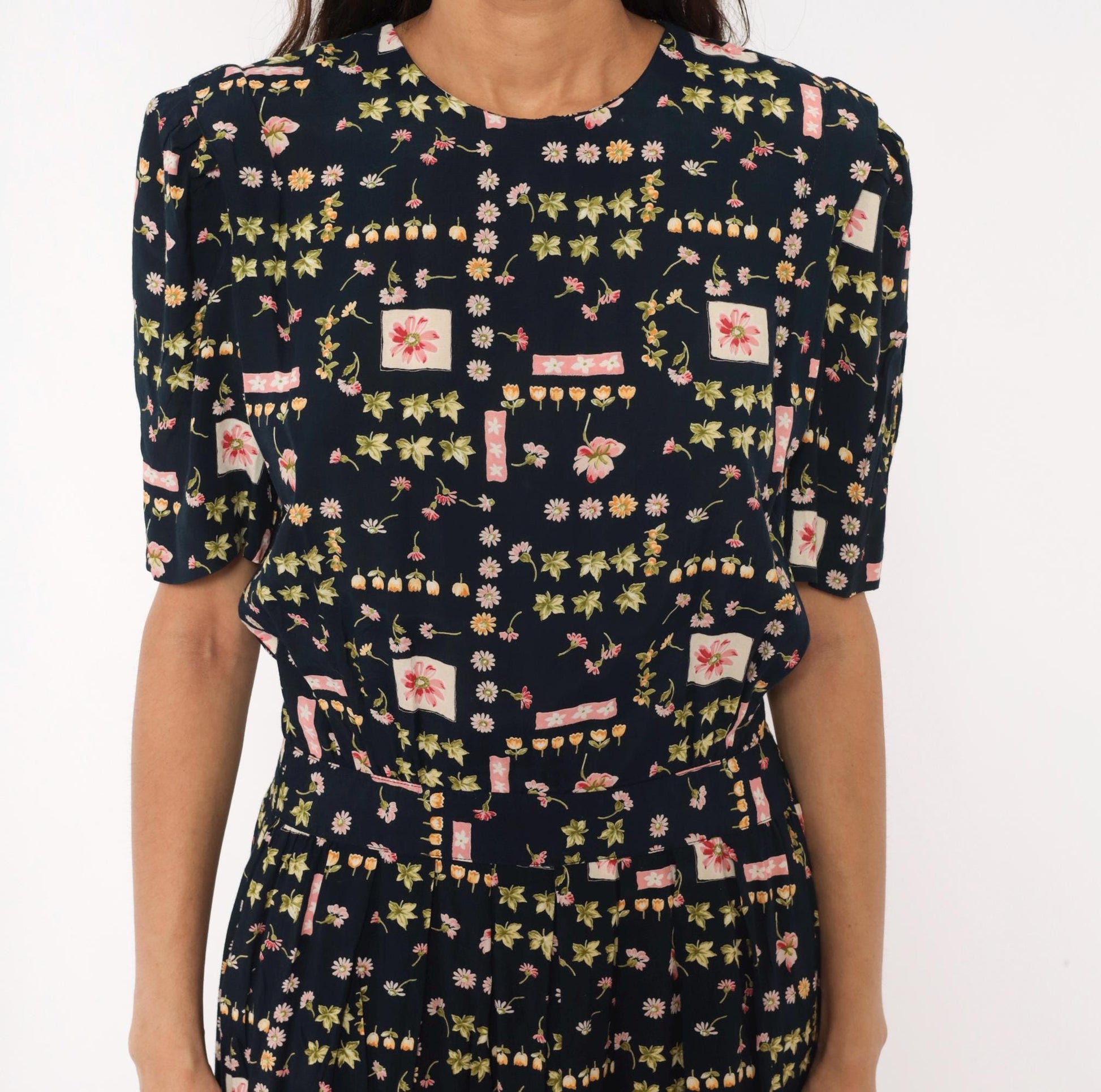 90s Karin Stevens Botanical Midi Dress Navy Floral Puff Sleeve Medium M