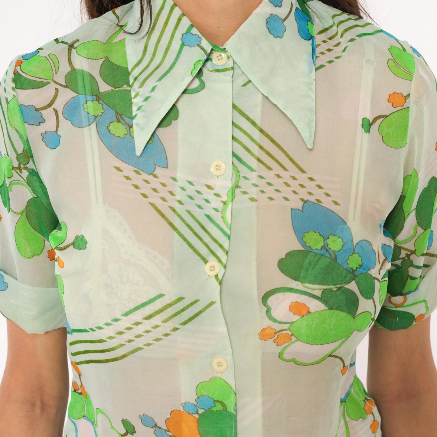 70s Nobel Floral Button-Up Blouse Mint Green Blue Orange Pointed Collar Small