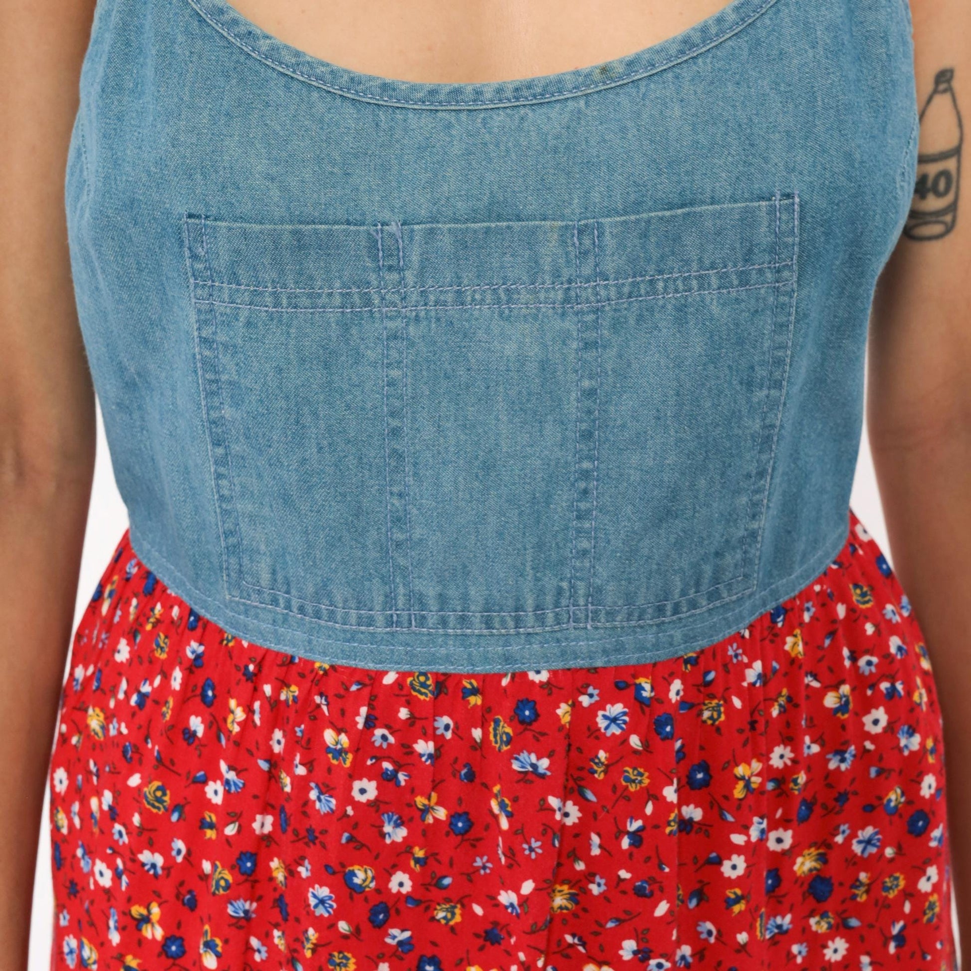 90s California Concepts Denim Floral Sundress Red Calico Mini Medium