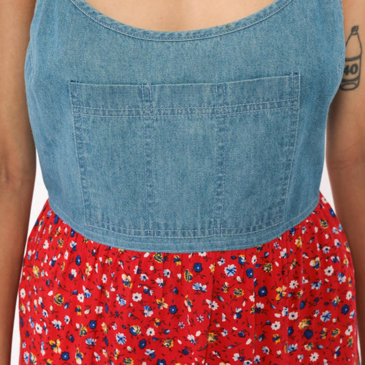90s California Concepts Denim Floral Sundress Red Calico Mini Medium