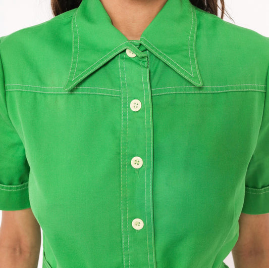 70s Bronson of California Safari Blouse Green Cotton Pointed Collar Small