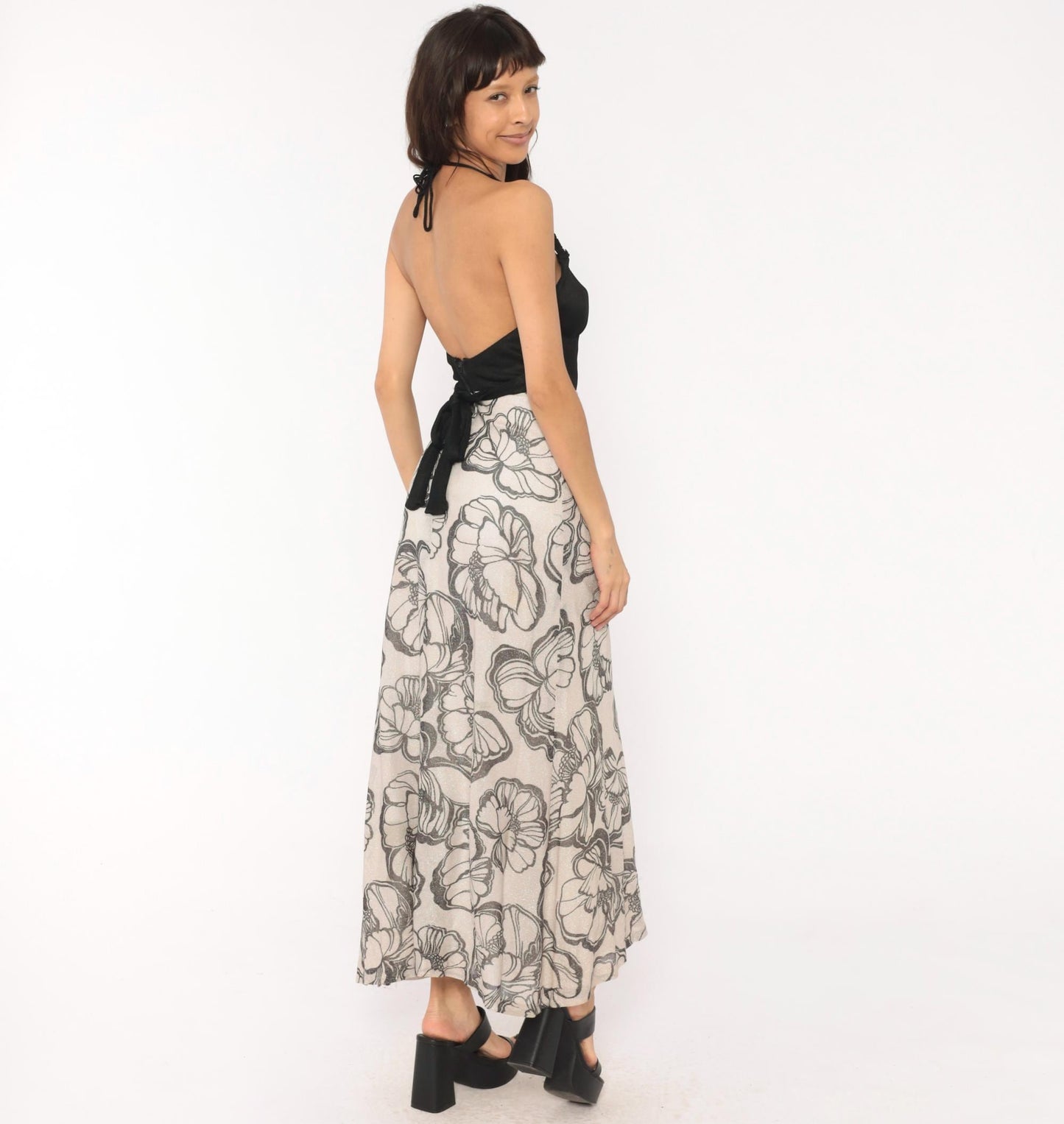 70s Mikey Jrs Crochet Halter Maxi Dress Black Grey Floral Metallic Open Back Extra Small XS