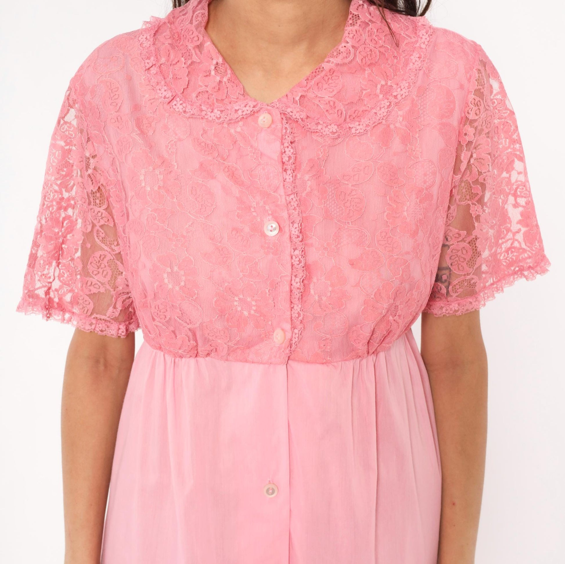 80s Pink Lace Housecoat Button Front Floral Nightgown Large L