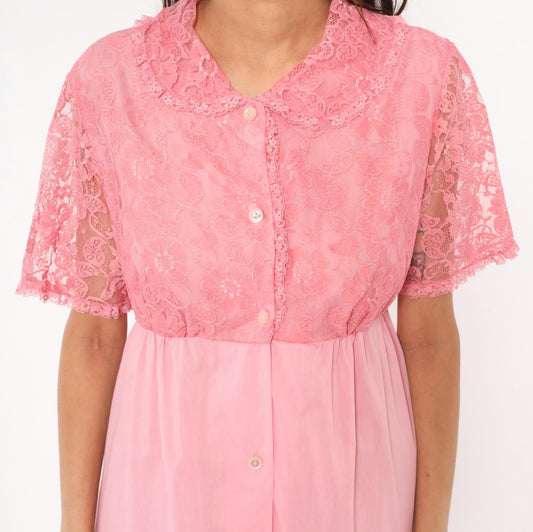80s Pink Lace Housecoat Button Front Floral Nightgown Large L