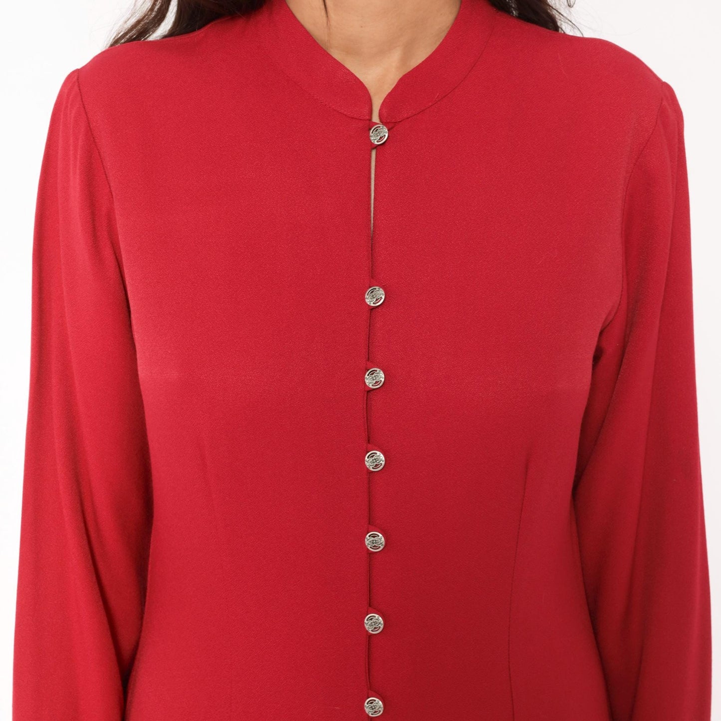 90s Coldwater Creek Cranberry Midi Dress Mandarin Collar Button Front Medium