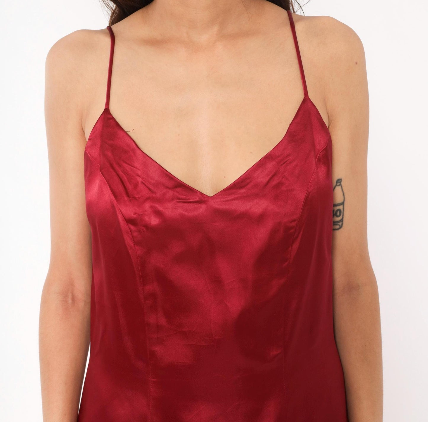 80s Burgundy Satin Slip Dress Mermaid Lace Hem V Neck Low Back Large L